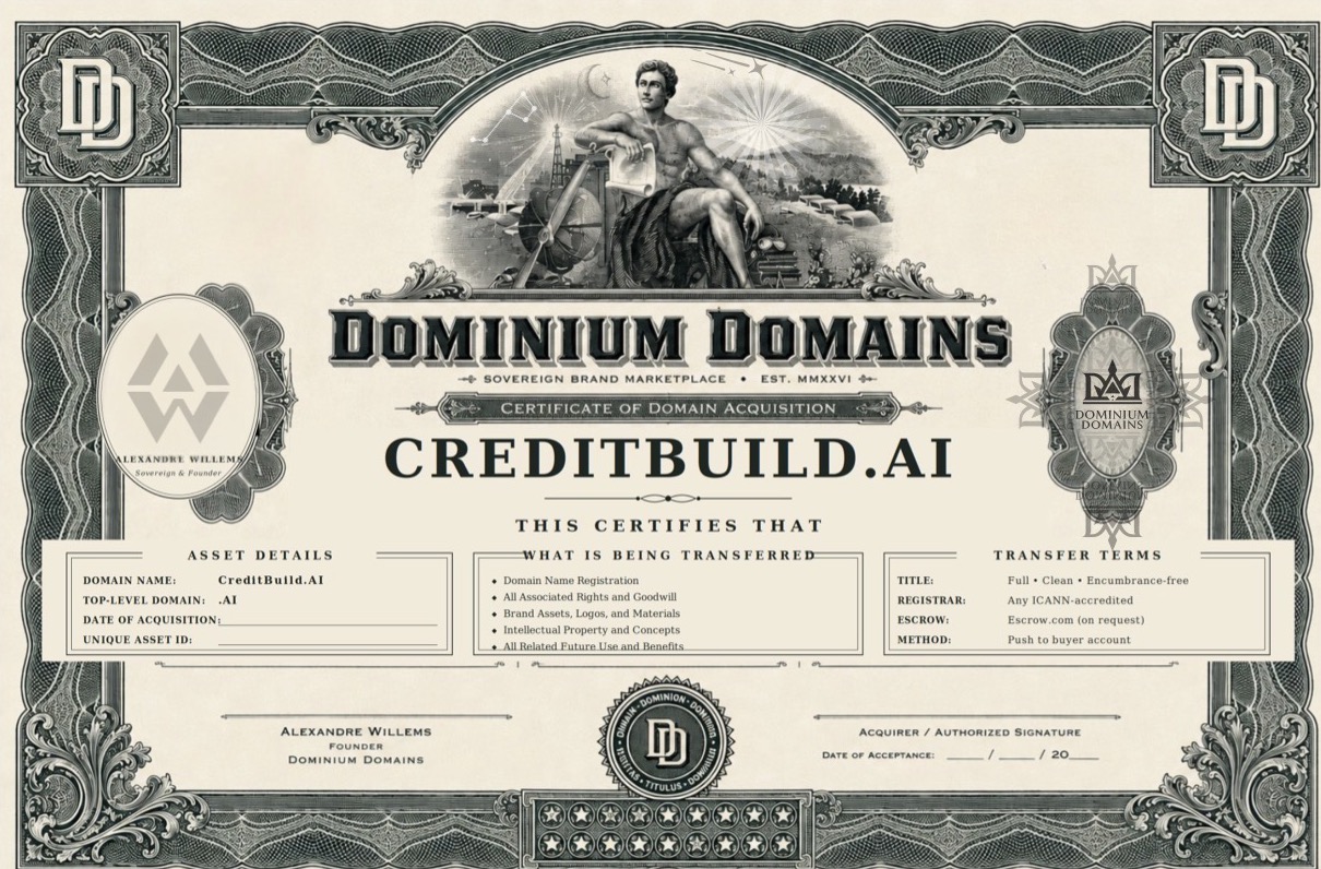 Dominium Domains Certificate of Domain Acquisition, the engraved AssetTitle for Axigard.com