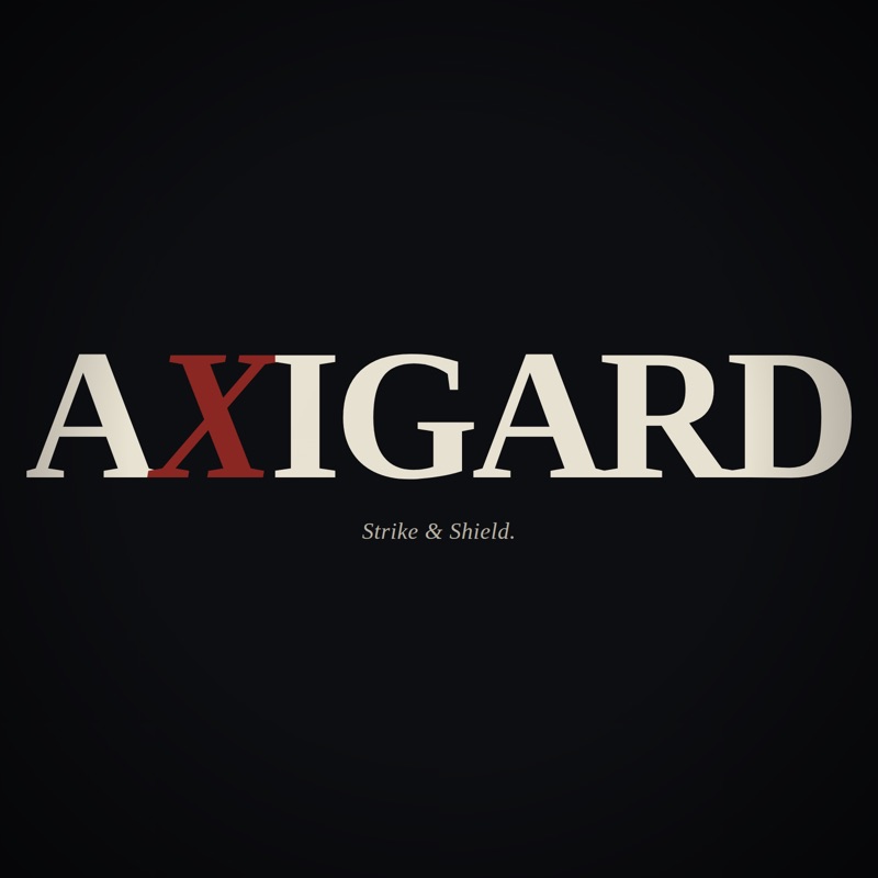 Axigard hero seal, gold spear and shield on black