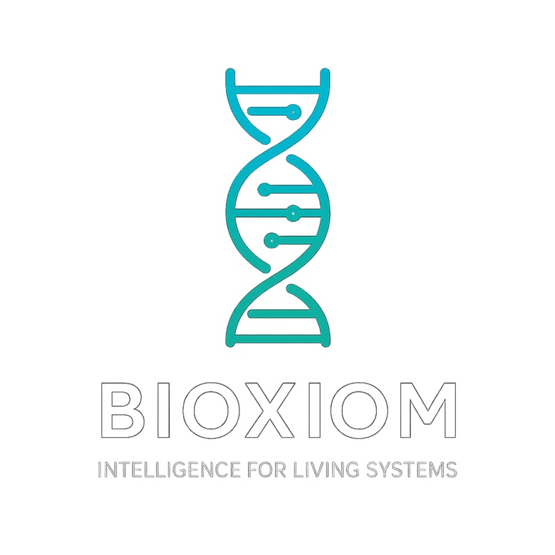 Bioxiom logo, circuit DNA helix, Intelligence for Living Systems