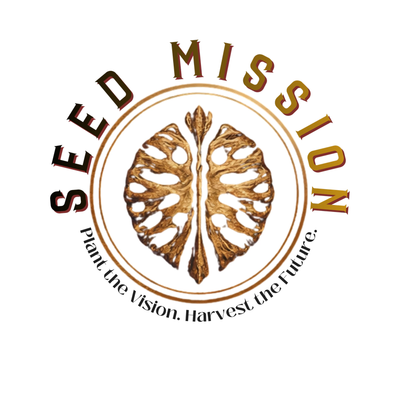 The original SeedMission seal, a gold seed medallion. Plant the Vision. Harvest the Future.