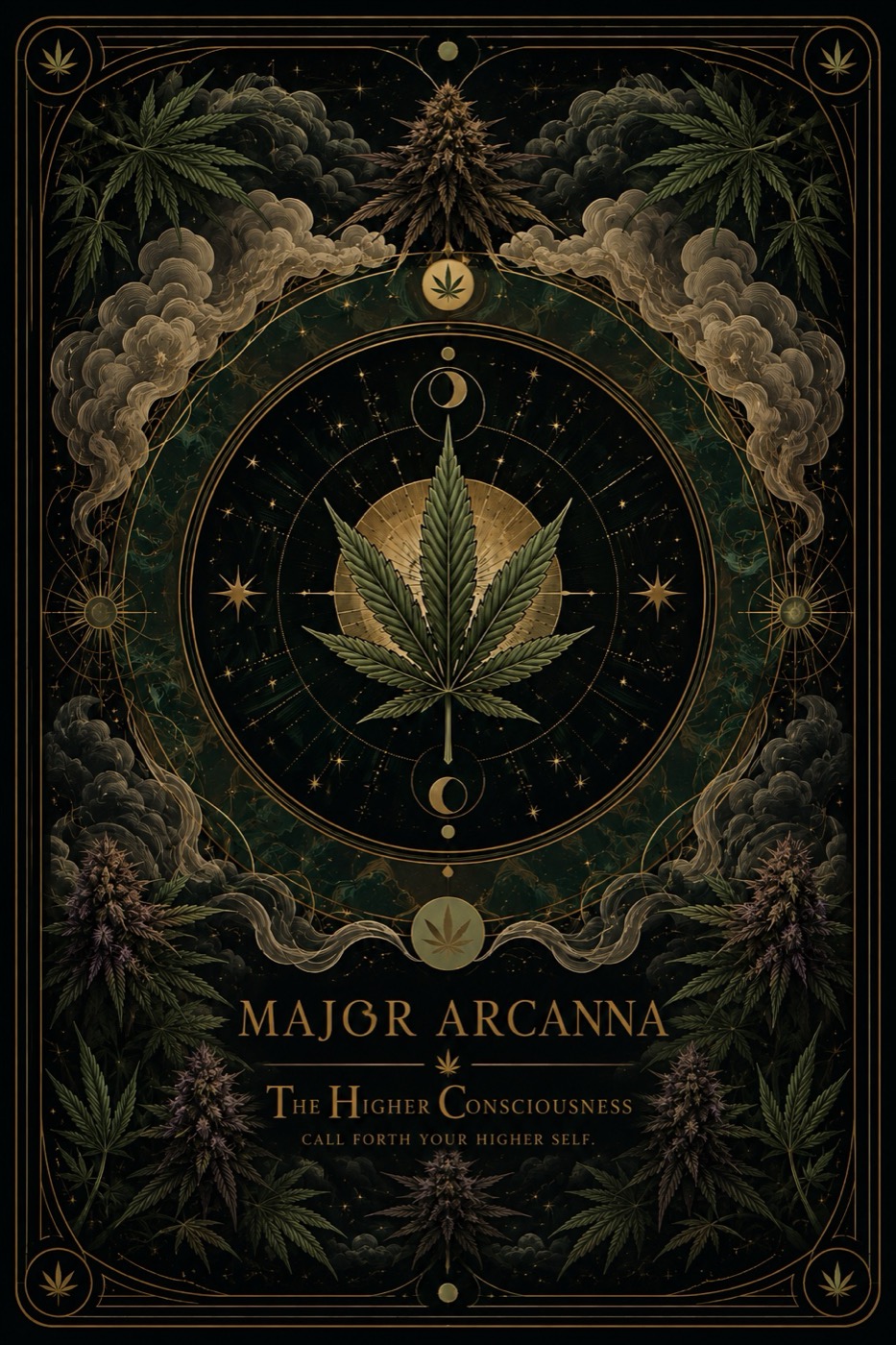 MajorArCanna &mdash; the card back: the leaf crowned by sun and moon, ringed by smoke and starfield, beneath the wordmark
